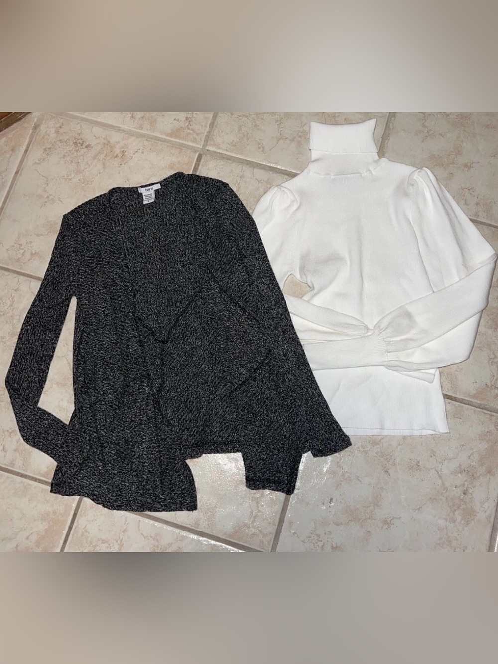 Lot of 2 Women's Sweaters - Black Ruffle Cardigan & White Turtleneck, Size Small